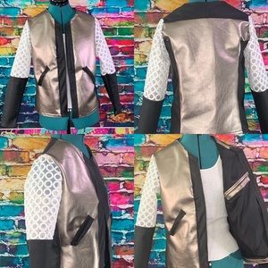 “Hisher metallic gold biker jacket”